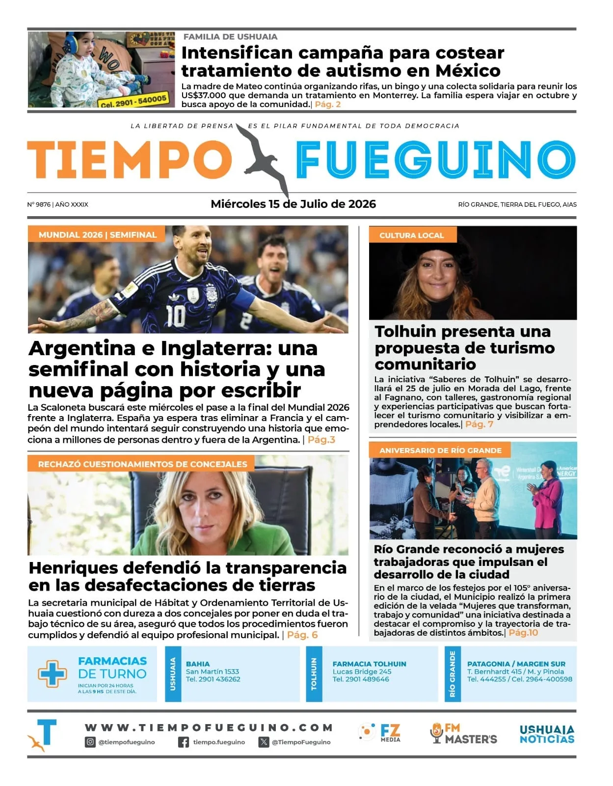 Edición impresa de El Diario de Tierra del Fuego del 15 de julio con titular sobre la Ley 19.640