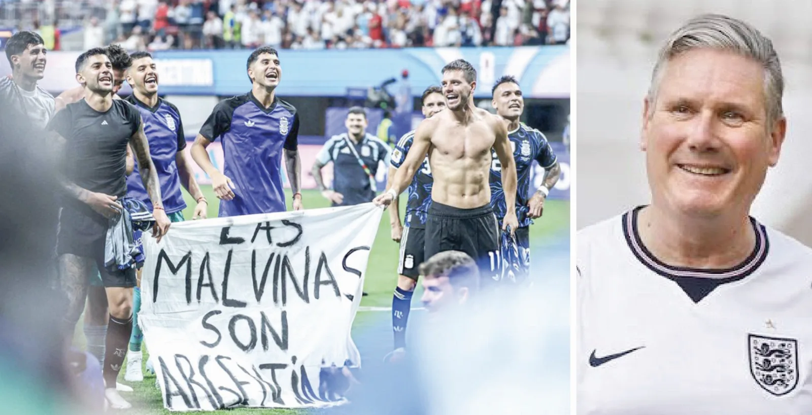 Jugadores argentinos celebrando con bandera de Malvinas tras victoria contra Inglaterra