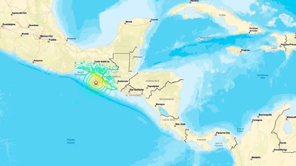 Mapa sísmico que muestra epicentro en Chiapas y ondas de propagación hasta Tierra del Fuego