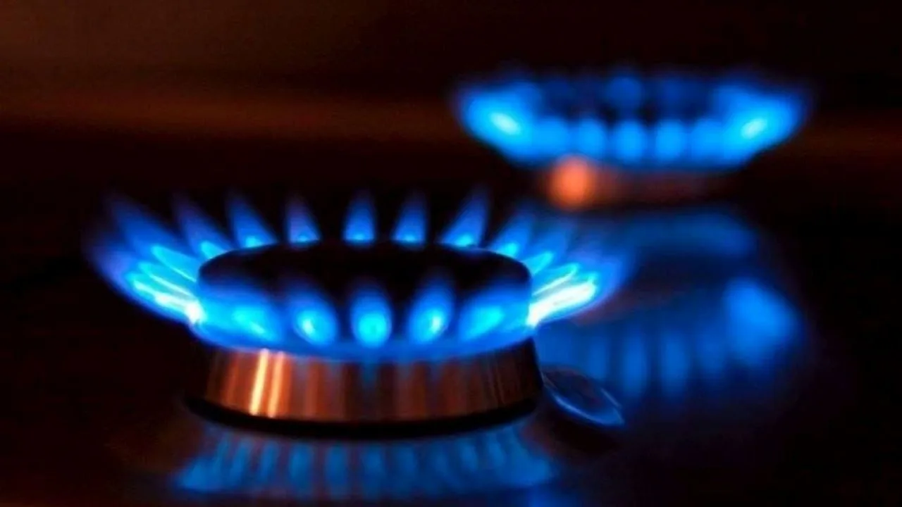 Estufa a gas encendida en living de casa fueguina con humo sutil y detector de monóxido