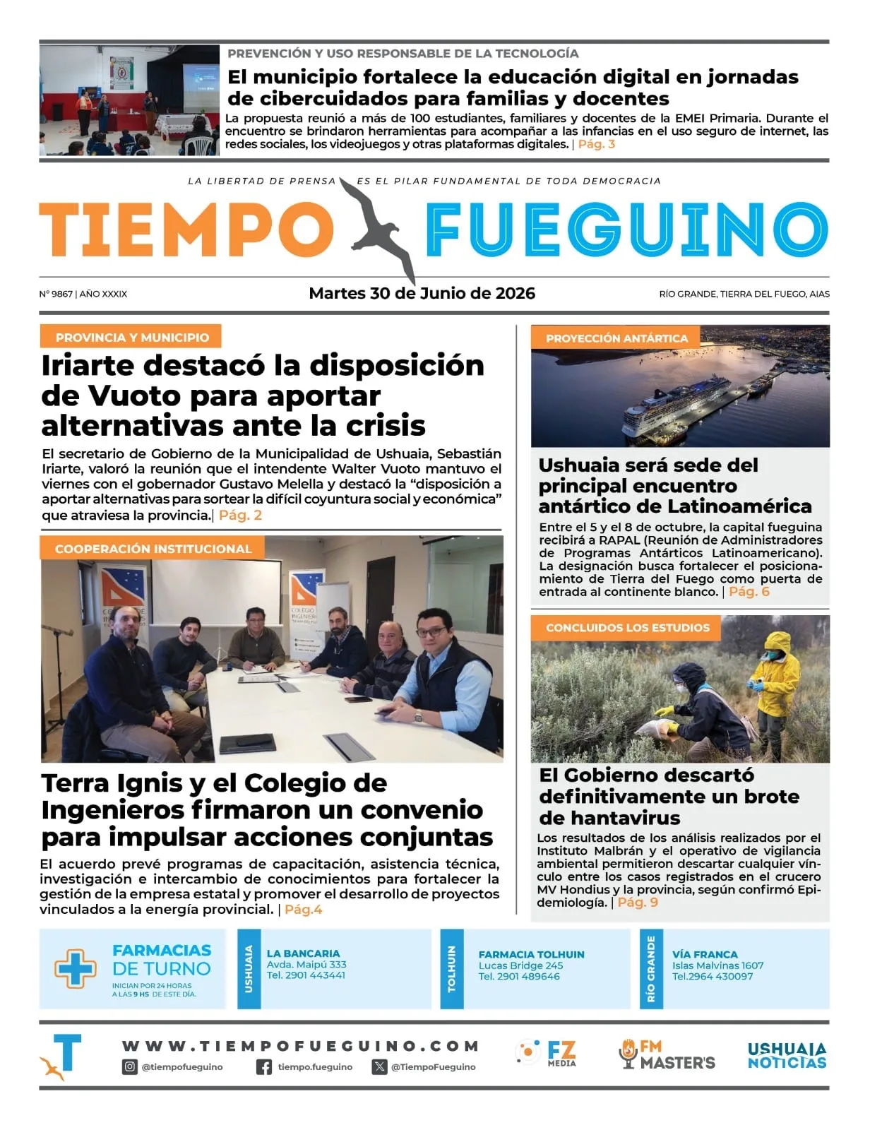 Portada digital de El Diario de Tierra del Fuego con titulares del 30 de junio