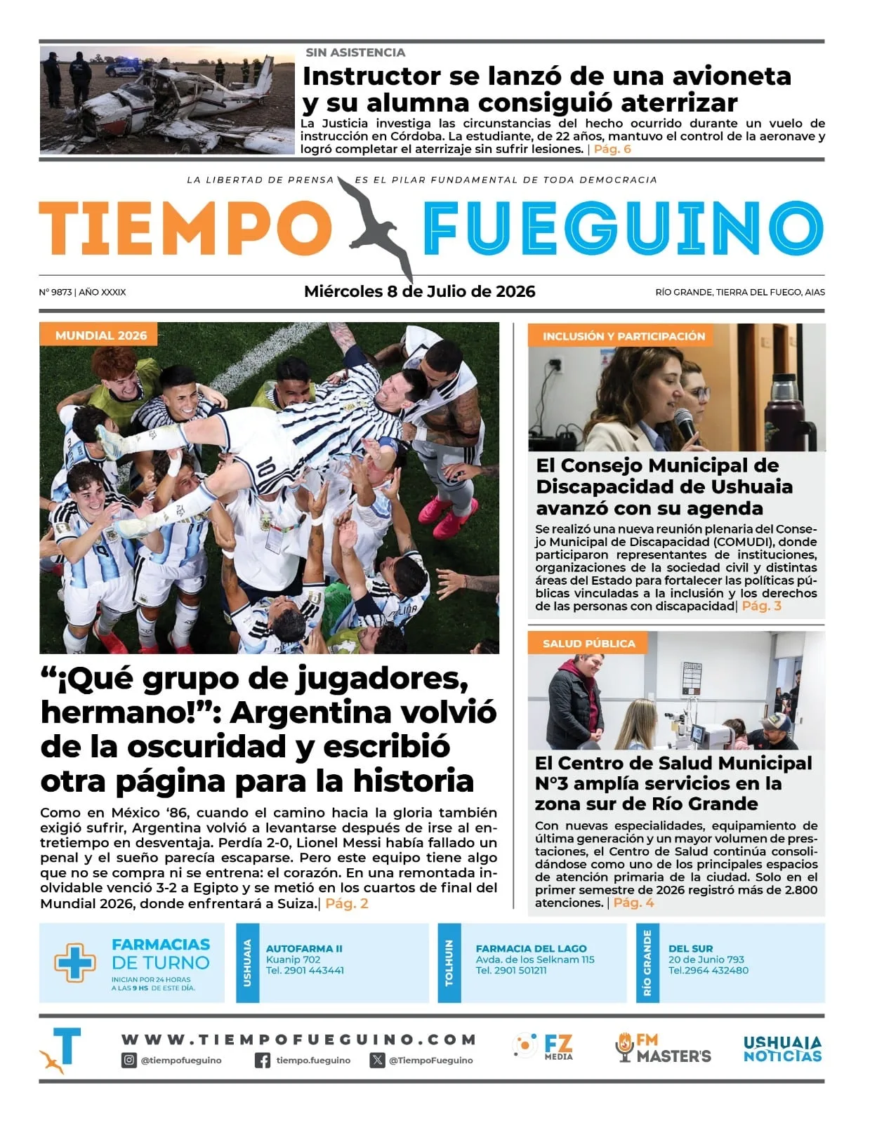 Portada impresa de El Diario de Tierra del Fuego del 8 de julio con títulos sobre gas, Fénix y Cuenca Austral