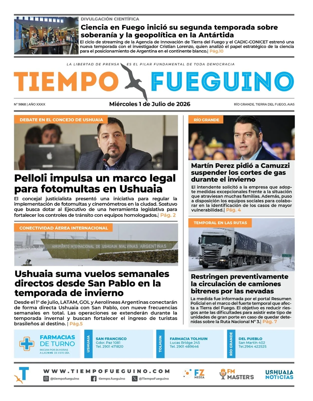 Portada digital de El Diario de Tierra del Fuego con titulares del 1 de julio y paisaje fueguino nevado de fondo