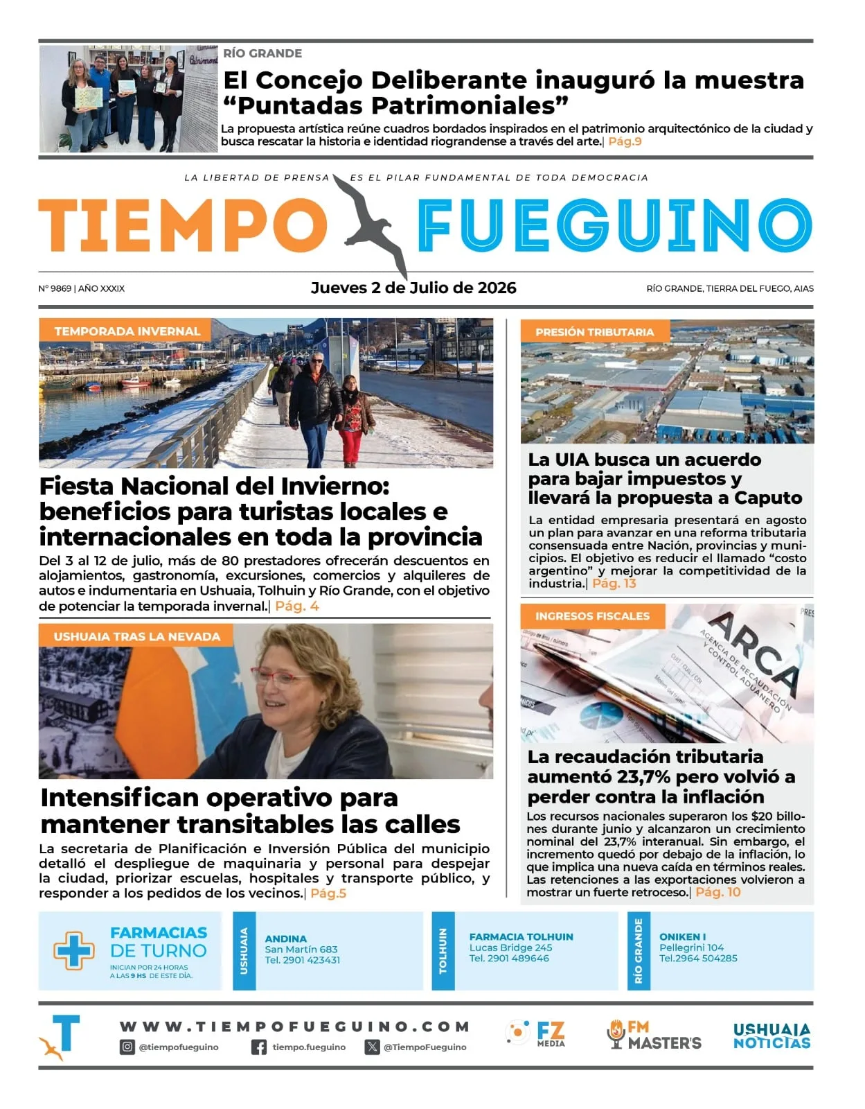 Portada digital de El Diario de Tierra del Fuego con títulos principales del 2 de julio