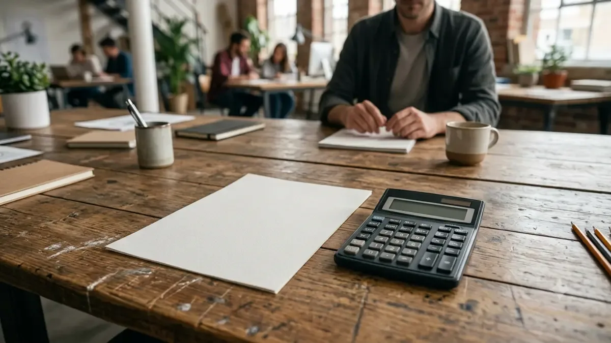 Un recibo salarial completamente en blanco junto a una calculadora en una mesa compartida de trabajo, vista en tres cuartos, profundidad de campo suave
