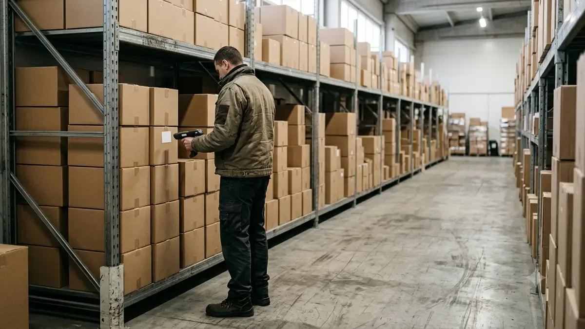 Cajas lisas y lector genérico en estanterías en un pasillo de almacén con cajas lisas, plano medio documental, perspectiva