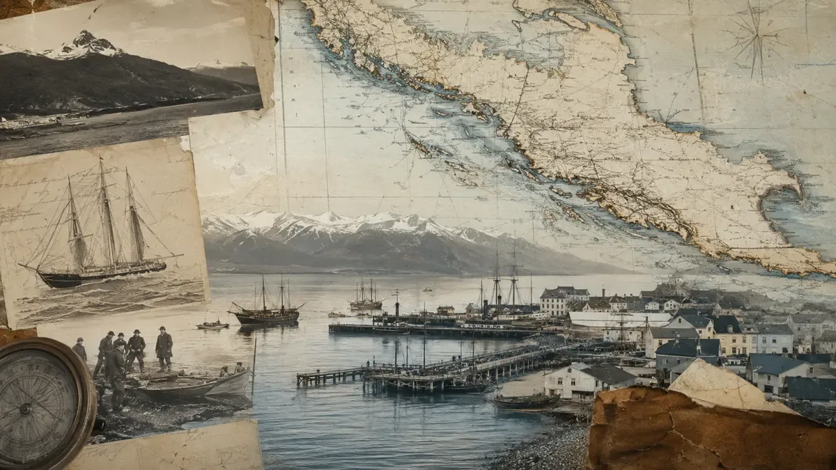 Mapa e imagen histórica representada de Tierra del Fuego