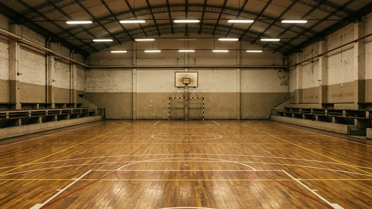 Gimnasio de un club de barrio con cancha de hockey y básquet vacía.
