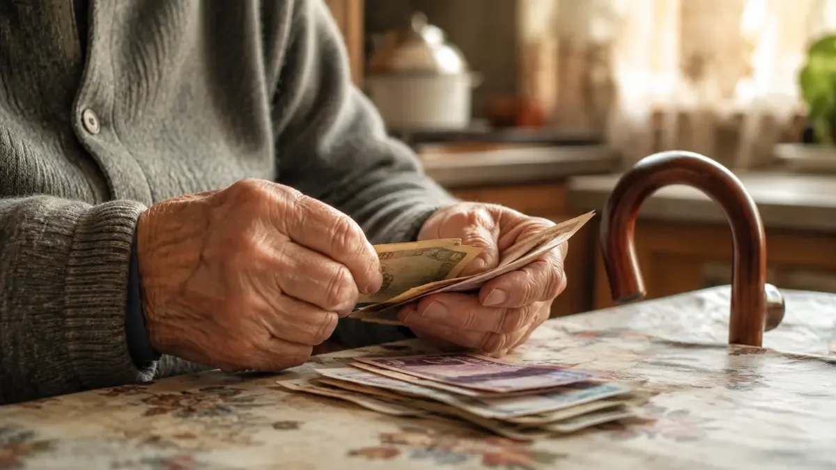 Manos de una persona mayor contando billetes sobre la mesa