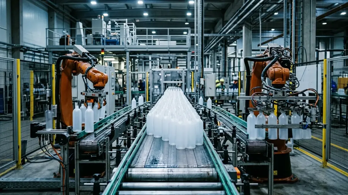 Línea de producción automatizada de envases en una planta industrial