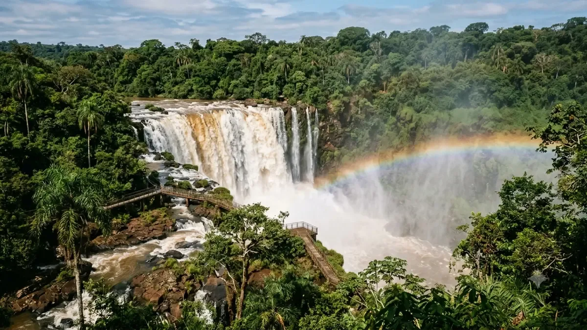 Gran salto de agua en herradura rodeado de selva subtropical con niebla