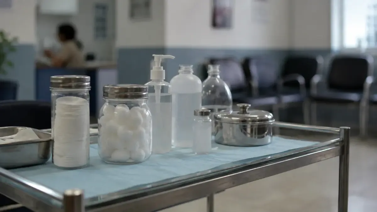 Una mesa sanitaria con algodón y frascos sin etiquetas en una sala de espera de centro de salud, vista en tres cuartos, profundidad de campo suave