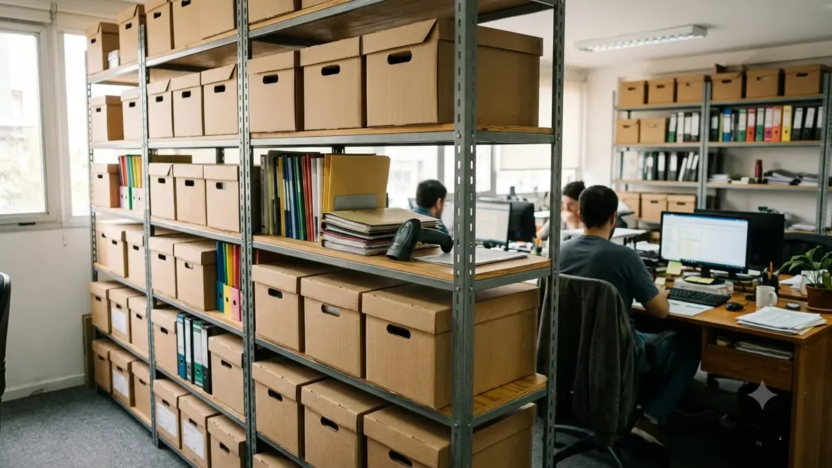 Cajas lisas y lector genérico en estanterías en una oficina pequeña de gestión, vista en tres cuartos, profundidad de campo suave