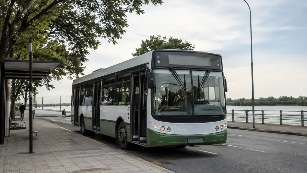 Un colectivo urbano genérico detenido en una parada en un paseo costero junto al río, vista en tres cuartos, profundidad de campo suave