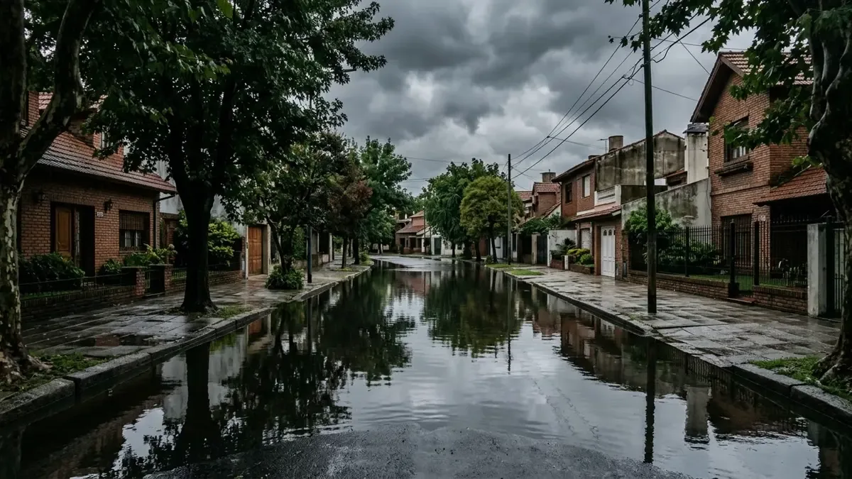 Calle residencial anegada por agua de lluvia tras un temporal