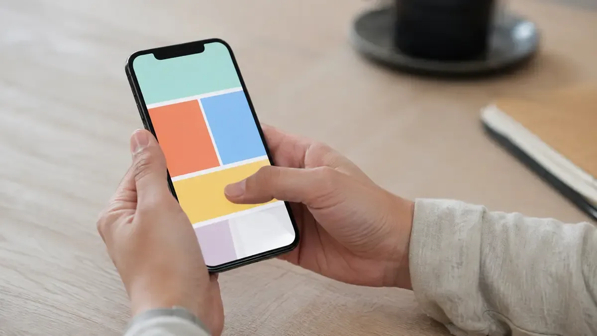 Manos usando un teléfono celular apoyado sobre una mesa