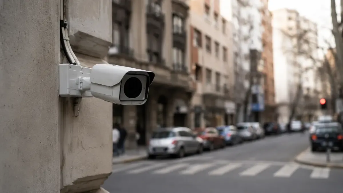 Una cámara de vigilancia genérica en una esquina en una calle urbana argentina, vista en tres cuartos, profundidad de campo