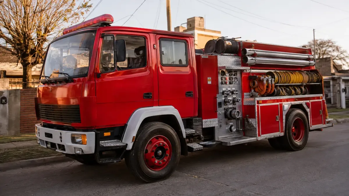 Autobomba genérica de bomberos voluntarios estacionada en una calle barrial.