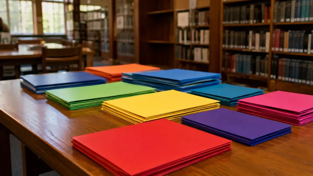 Módulos de carpetas de colores sin rótulos en una mesa de biblioteca, plano medio documental, perspectiva natural