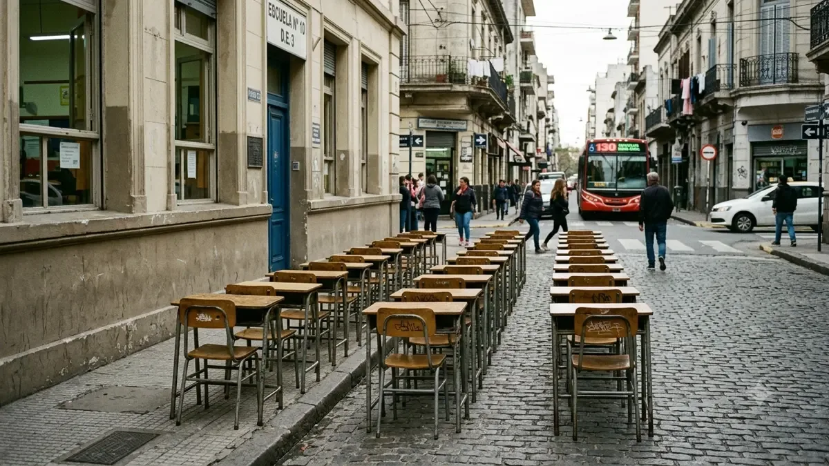 Pupitres ordenados en un aula sin estudiantes en una calle urbana argentina, plano medio documental, perspectiva natural
