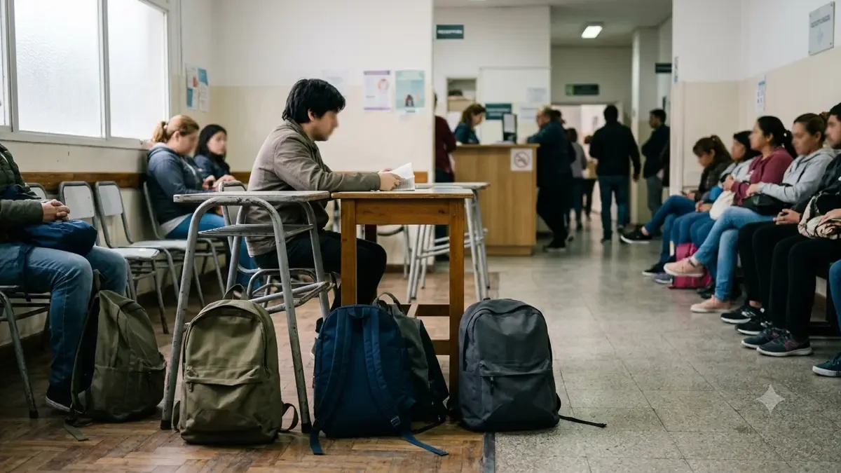 Mochilas lisas apoyadas junto a pupitres en una sala de espera de centro de salud, plano medio documental, perspectiva natural