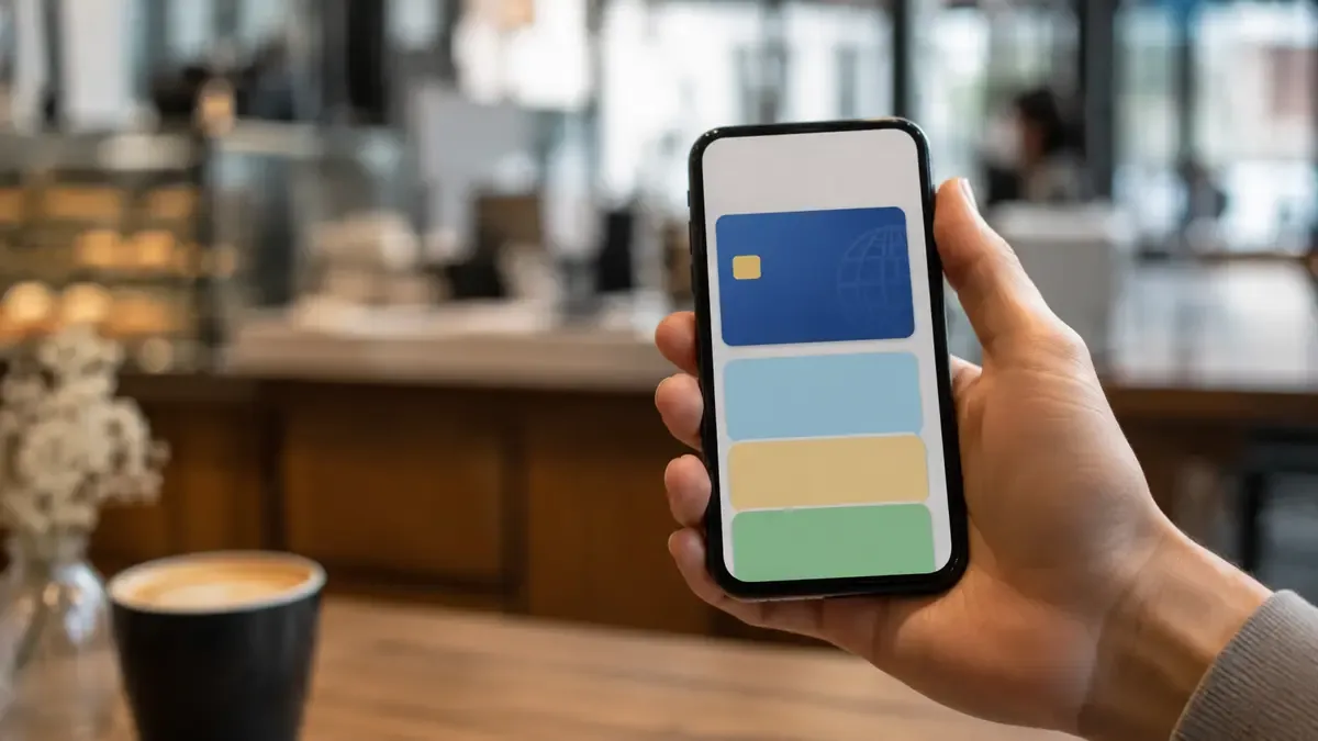 Mano sosteniendo un celular con bloques de color en la pantalla