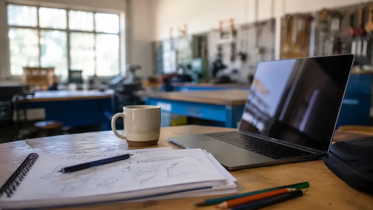 Apuntes, lápices y una taza junto a una notebook en un taller de formación técnica, vista en tres cuartos, profundidad de campo suave