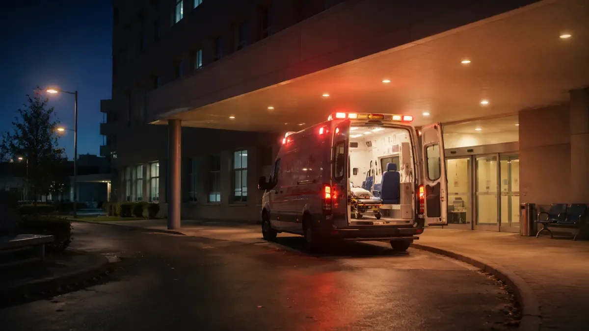Ambulancia estacionada bajo el alero de una entrada de emergencias