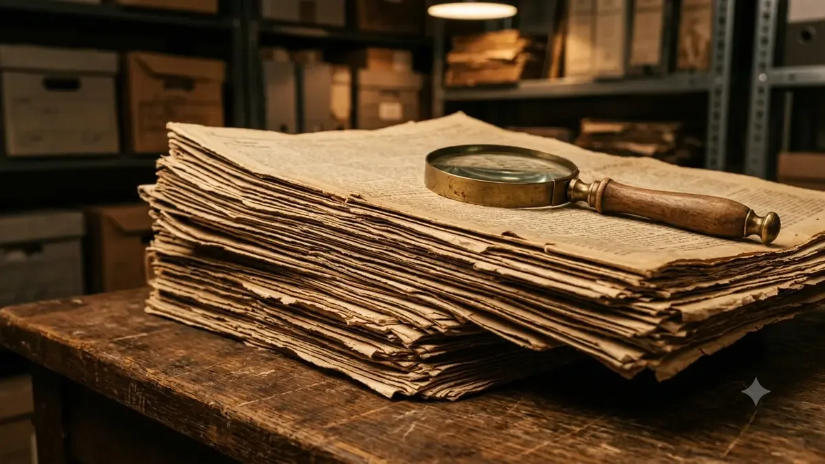 Pila de diarios amarillentos sobre una mesa de archivo con una lupa