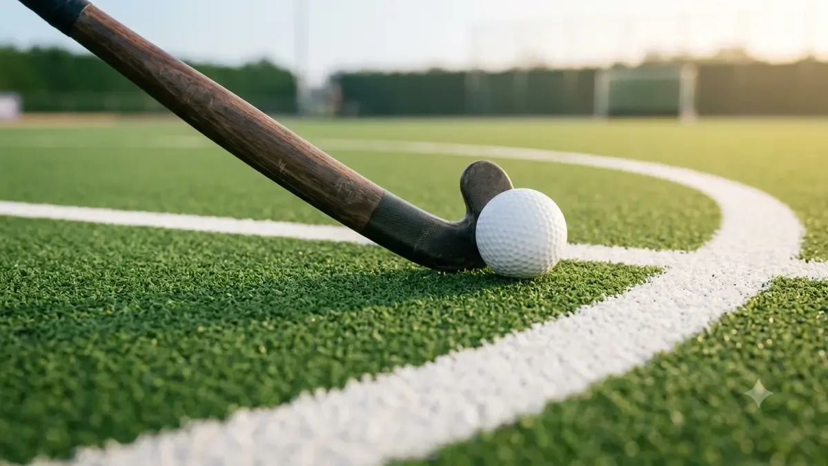 Stick y pelota de hockey sobre césped sintético con líneas de cancha