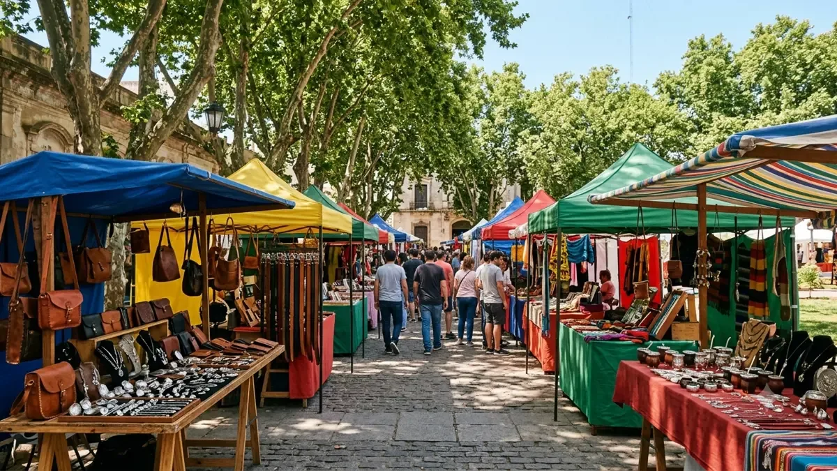 Puestos de feria de artesanos con lonas de colores en una plaza arbolada
