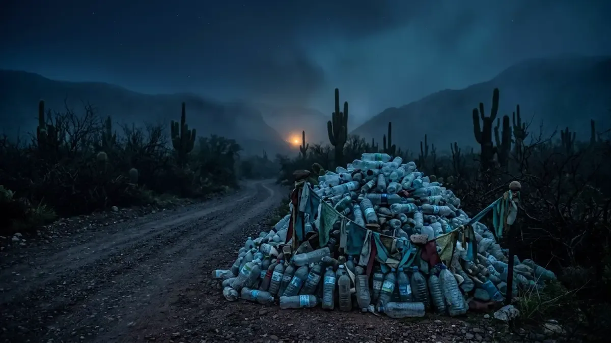 Montaña de botellas de agua apiladas al costado de una ruta árida al atardecer
