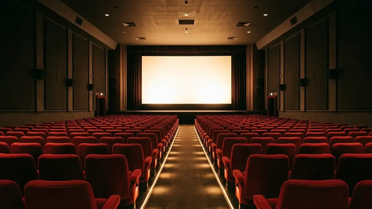 Sala de cine vacía con butacas rojas y la pantalla iluminada