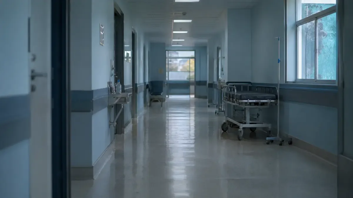 Un pasillo hospitalario limpio y vacío en una calle urbana argentina, plano medio documental, perspectiva natural
