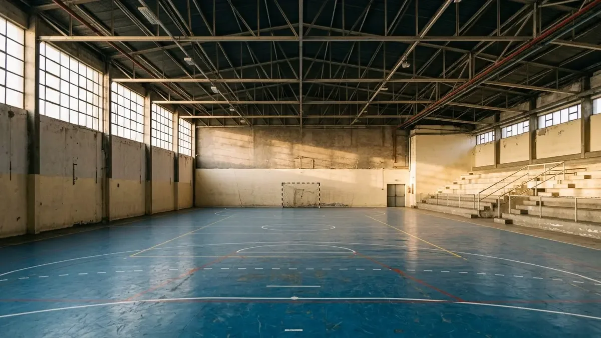 Interior de un polideportivo de club de barrio con cancha vacía