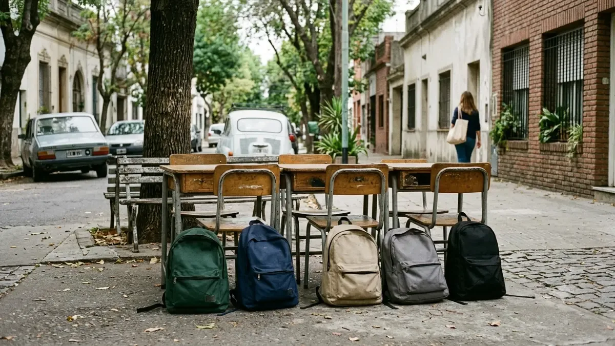 Mochilas lisas apoyadas junto a pupitres en una calle residencial de barrio, plano medio documental, perspectiva natural