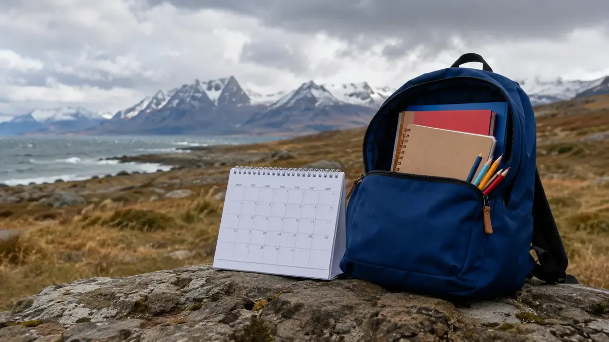Calendario escolar y mochila con paisaje fueguino