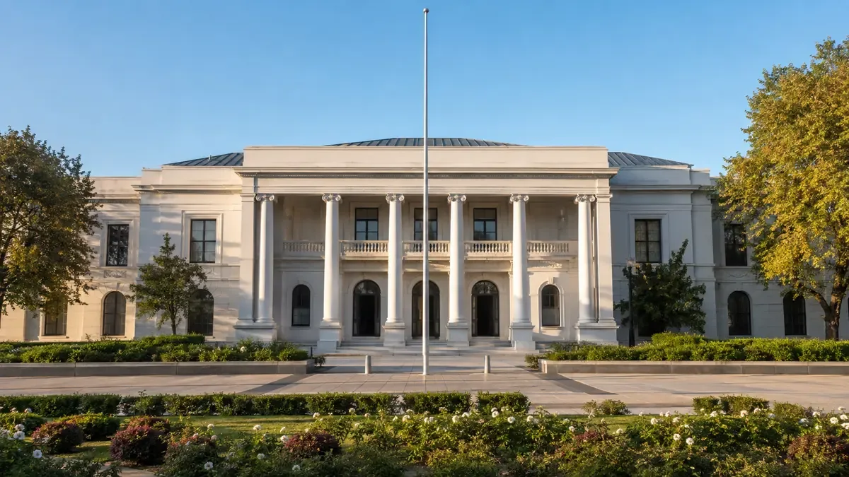 Fachada de una casa de gobierno provincial con columnas y balcón
