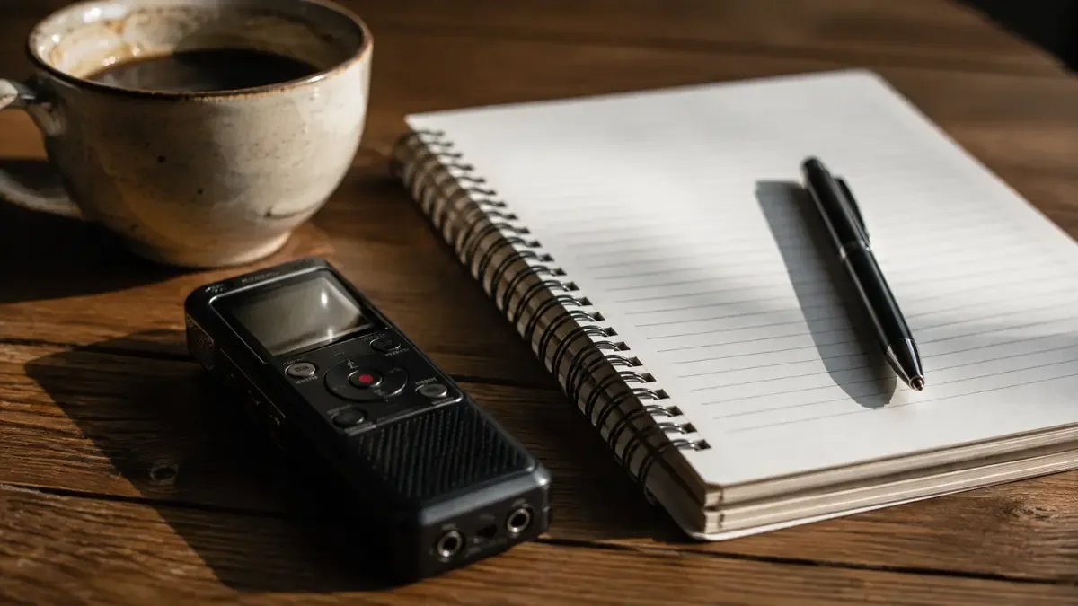Grabador de periodista y anotador con birome sobre una mesa de madera junto a una taza