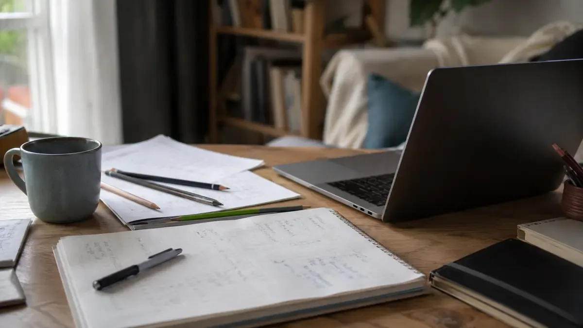 Apuntes, lápices y una taza junto a una notebook en un escritorio de estudio en casa, plano medio documental, perspectiva natural