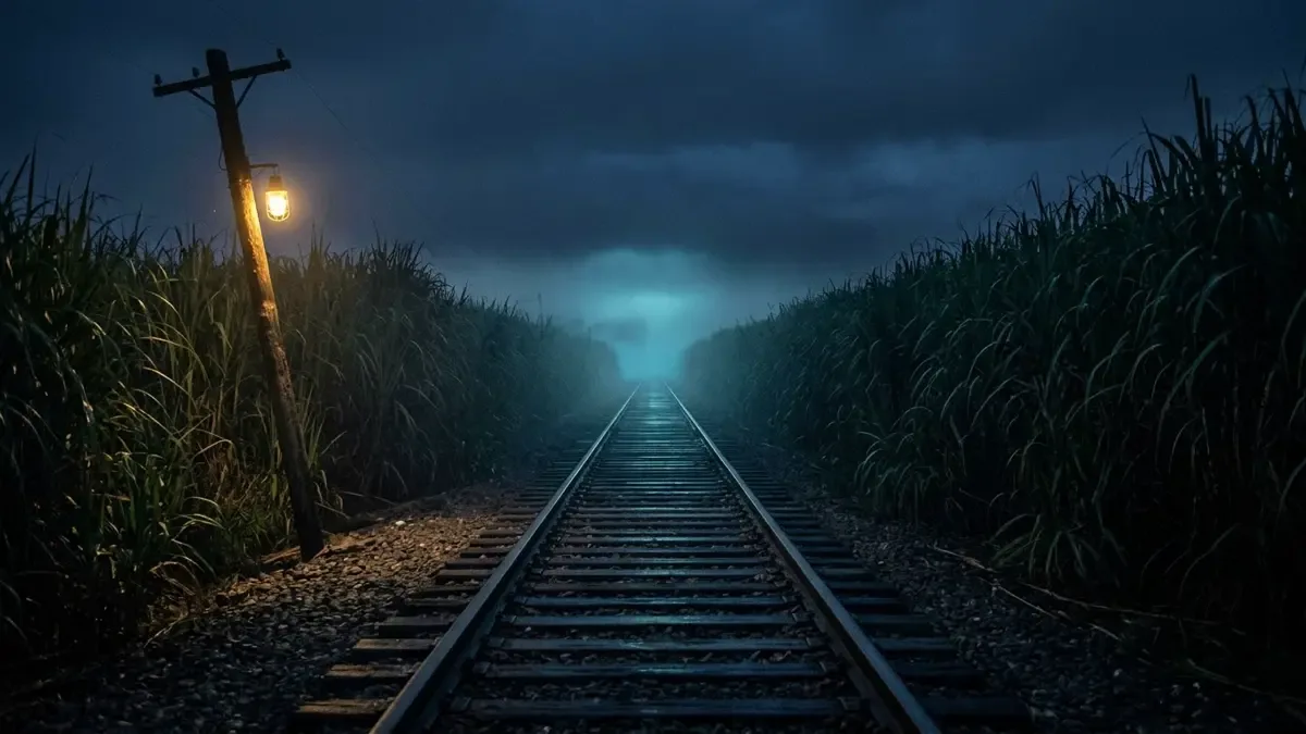 Vías de tren entre cañaverales de noche con un resplandor difuso suspendido en el horizonte