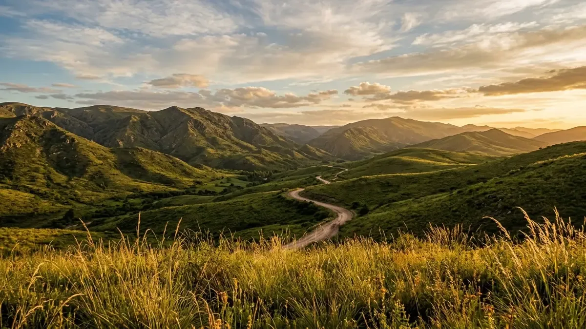 Paisaje serrano con camino de tierra entre las lomadas