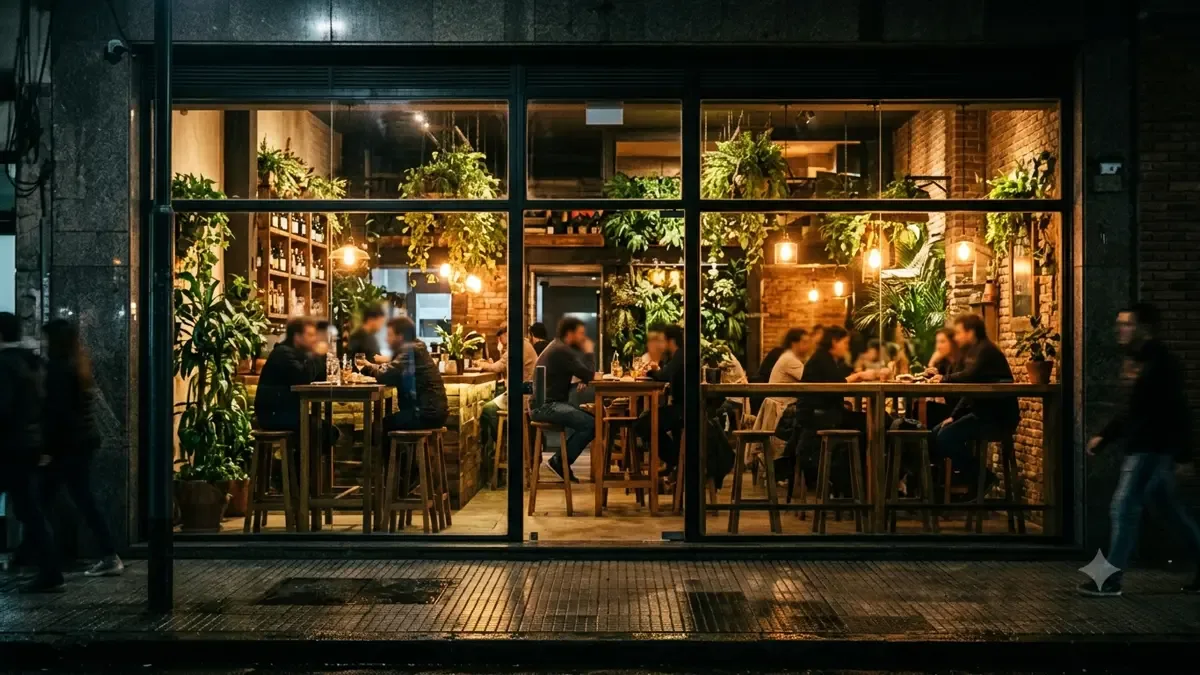 Vidriera iluminada de un local gastronómico visto desde la vereda