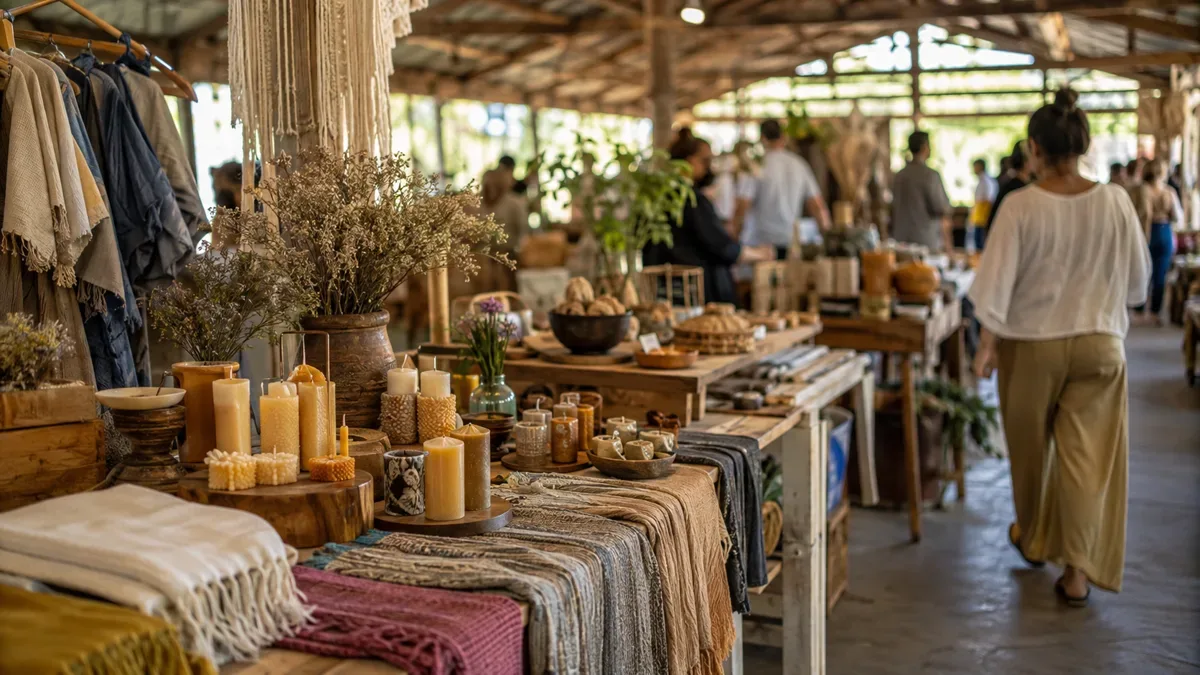 Puestos de una feria de emprendedores con productos artesanales y textiles sobre mesas de madera.