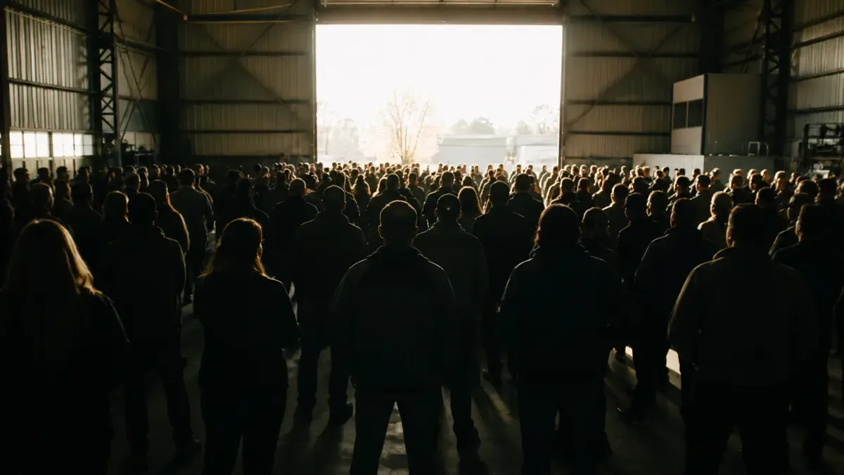 Grupo de personas de espaldas reunidas en un galpón industrial